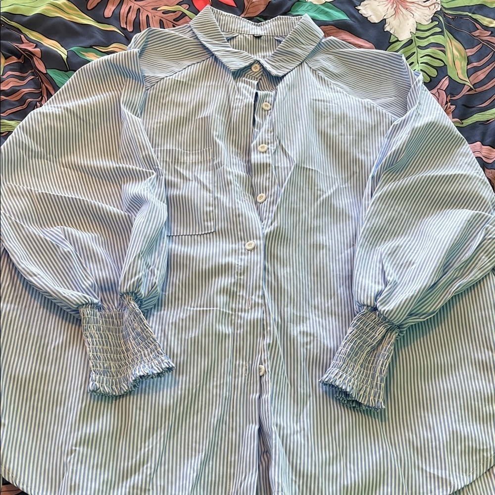 Baby blue and white thin striped button down blouse new
